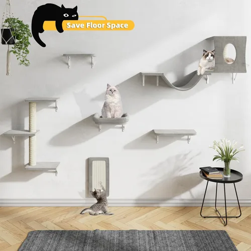 Miniatura 2 de NUNU LAB Juego de muebles para gatos montados en la pared, juego de 6 piezas para escalar con casa, puente, escalones, tabla rascadora - Paredes