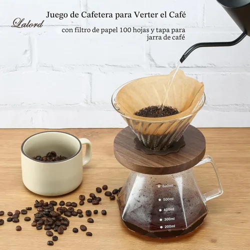 Miniatura 2 de Lalord Cafetera de Vertido, Jarra de Vidrio Borosilicato de 20 oz con 100 pcs Filtros de Papel V60 por Gsform, Mango de Nogal y Tapa de Vidrio
