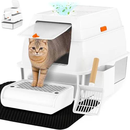 Miniatura 11 de Vivifying Caja de Arena de Acero Inoxidable con Tapa, Entrada Frontal XL Cerrada Caja de Arena Extra Grande para Gatos Grandes y Gatitos, Bandeja