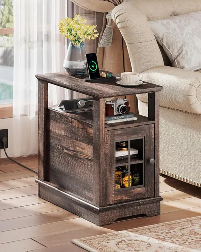 Miniatura 10 de WLIVE Mesa auxiliar de estilo granja con estación de carga, mesa lateral estrecha con almacenamiento, mesita de noche pequeña con puertos USB