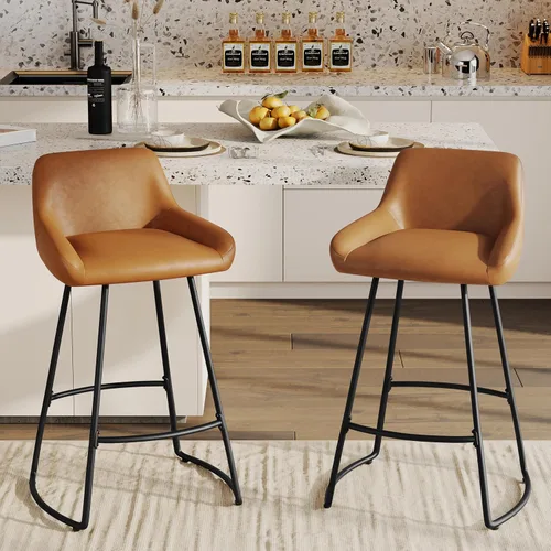 Miniatura 3 de Alunaune Juego de 2 taburetes de bar de 24 pulgadas, de piel sintética de mediados de siglo, sillas de bar modernas para comedor con patas traseras