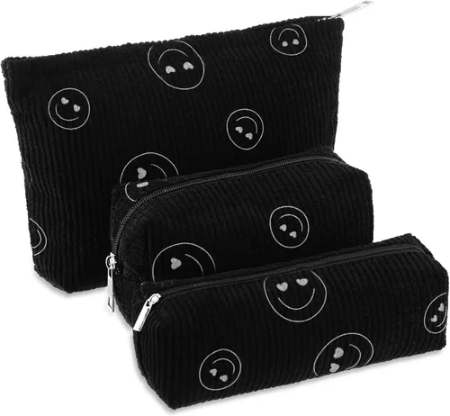 Miniatura 21 de Huhumy Juego de 3 bolsas de maquillaje para mujeres, bolsa cosmética de pana con sonrisa estética, bolsa de viaje para artículos de tocador, linda