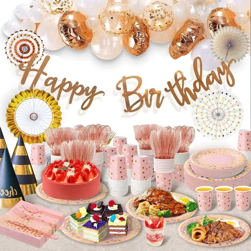 Miniatura 5 de AIRE 350 piezas de suministros de fiesta rosa y dorado, Severs 50 artículos de fiesta desechables, cubiertos de plástico dorado, servilletas, platos