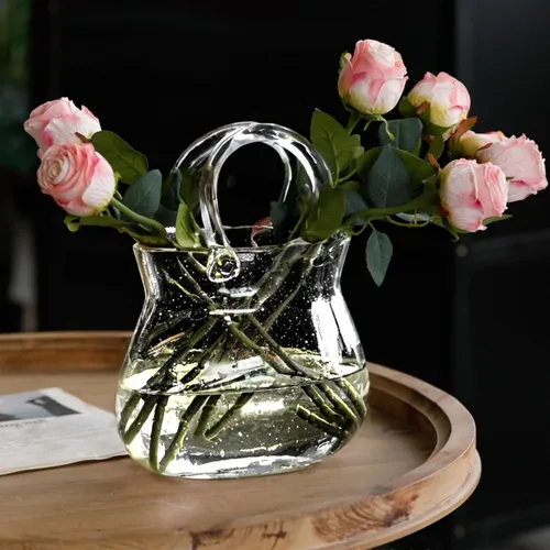 Miniatura 3 de Jarrón de Vidrio en Forma de Bolso para Flores, Jarrón de Bolsa Transparente con Asa, Florero Decorativo Único en Forma de Bolso para Decoración