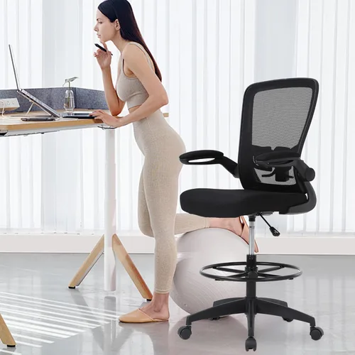 Miniatura 2 de PayLessHere Silla ergonómica de dibujo, silla de oficina alta ajustable con soporte lumbar, respaldo de malla, brazos abatibles para oficina, Negro