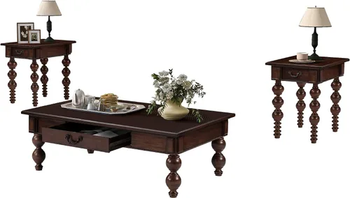 Miniatura 8 de Homora Mesa auxiliar rectangular de madera con cajón de almacenamiento, mesa de cóctel vintage con patas de madera maciza en forma de calabaza, mesa
