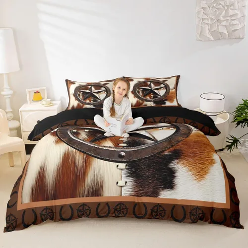 Miniatura 4 de Juego de ropa de cama de piel de vaca para niños y niñas, funda de edredón con estampado de estrellas de piel de vaca occidental, funda de edredón