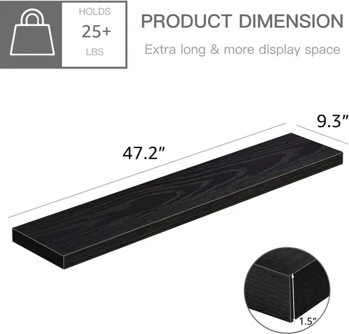 Miniatura 3 de QEEIG Estantes Flotantes para Pared de 47.2" Extra Largos - Estante Montado en la Pared Baño Cocina Sala de Estar Dormitorio Casa de Campo C. negro