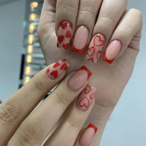 Miniatura 9 de Uñas postizas a presión para San Valentín, uñas postizas cortas cuadradas MABKJLF nude con diseños de labios, cobertura completa, pegamento