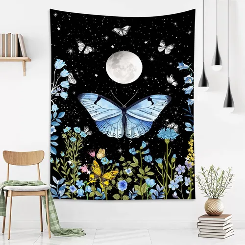Miniatura 13 de LB Tapiz pequeño de mariposa colorido para colgar en la pared, diseño psicodélico de flores silvestres 3D, mariposas de fantasía floral, arte