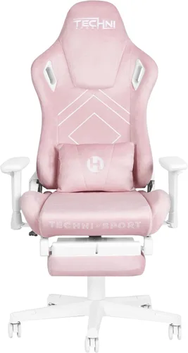 Miniatura 5 de Techni Sport Silla para juegos de terciopelo rosa con reposapiés