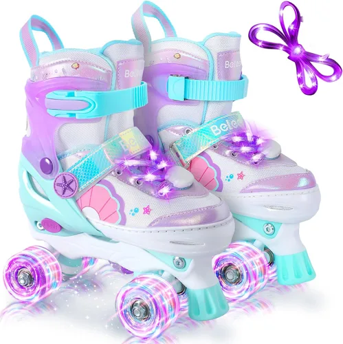 Miniatura 8 de BELEEV Patines de ruedas para niñas, 4 tamaños ajustables con 8 ruedas LED iluminadas y cordones de zapatos, seguros y divertidos para niños
