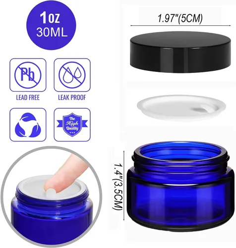 Miniatura 2 de Paquete de 24 tarros cosméticos redondos de vidrio azul de 1 onza con revestimientos interiores y tapas negras, tarros de vidrio de viaje