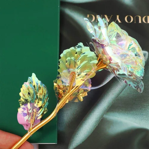 Miniatura 9 de Rosa artificial de imitación chapada en papel de aluminio, flor artificial para el día de San Valentín, Día de la Madre, cumpleaños, regalos de amor