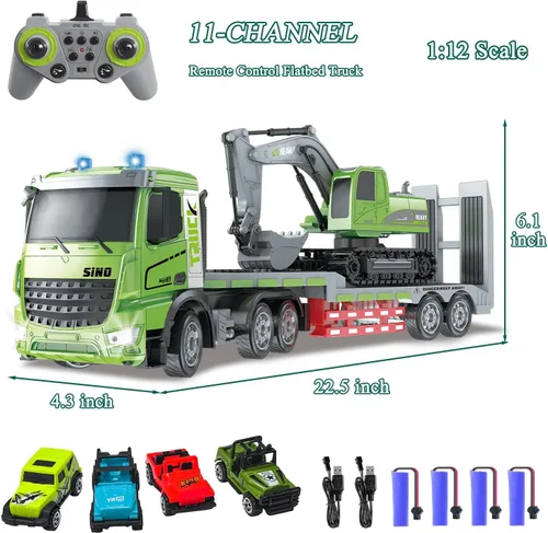 Miniatura 7 de Fistone Juego de juguete de camión y excavadora de semirremolque a control remoto, escala 1:12 con sonido y luces, 11CH 2.4Ghz control remoto camión