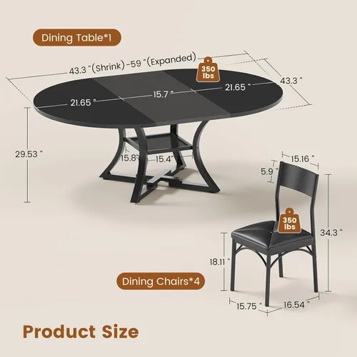 Miniatura 2 de Itaar Juego de mesa de comedor redonda extensible para 4-6 personas, juego de mesa de cocina de 5 piezas con 4 sillas acolchadas, mesa de comedor