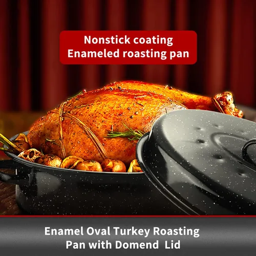 Miniatura 5 de JY COOKMENT Bandeja ovalada esmaltada de 19 pulgadas para asar con tapa abovedada - Ideal para asar pavo, pollo, cordero, verduras - Apto