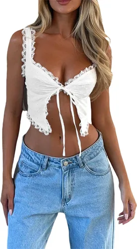 Women Lace Trim Cami Tanks Sleeveless Tie Up Crop Shirt Tops Slim Fit Retro Open Front Cardigan Fairy Y2k Tank Top