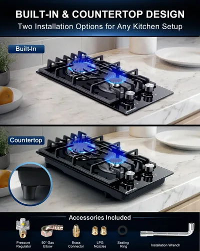 Miniatura 2 de Placa de cocina de gas de 12 pulgadas, estufa de gas de 2 quemadores, instalación integrada o de encimera, vidrio templado negro, convertible a