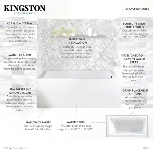 Miniatura 8 de Kingston Brass Aqua Eden VTAP603622L - Tina de alcoba de acrílico de 60 pulgadas con desagüe a la izquierda, blanca