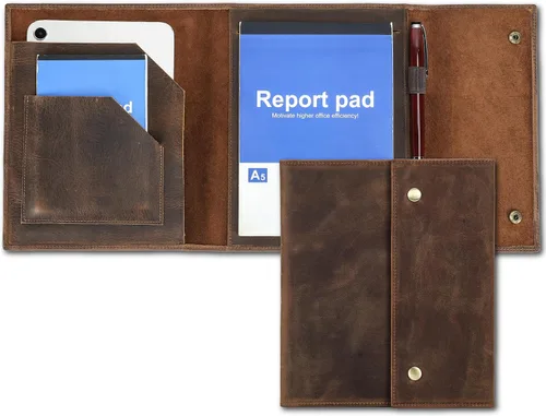 Miniatura 16 de Top Grain Leather - Padfolio de 8.3 pulgadas para hombres y mujeres, diseño vintage hecho a mano, organizador multifuncional de cartera de negocios