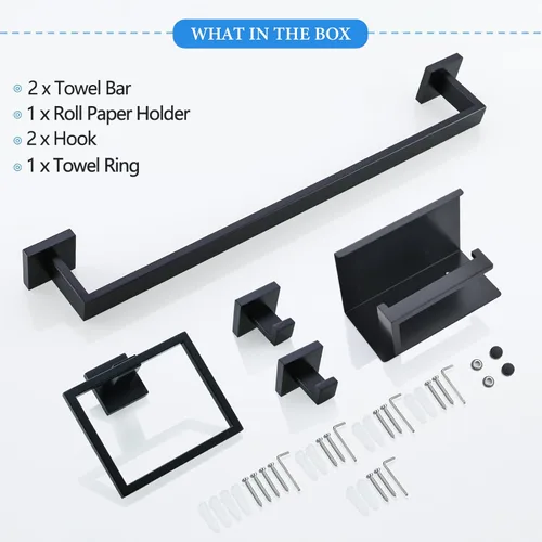 Miniatura 6 de Juego de 6 piezas de accesorios de baño negros de 23.6 pulgadas, juego de toallero doble, toallero, anillo, gancho para abrigo y soporte para papel
