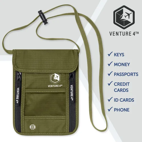 Miniatura 6 de Cartera de viaje para el cuello con bloqueo RFID, bolsa de cuello para pasaporte para hombres y mujeres para mantener los documentos seguros, Verde