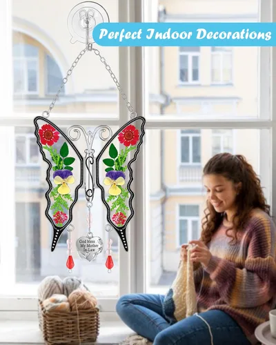 Miniatura 6 de KY&BOSAM Regalos para mamá atrapaluz de mariposa "God bless my mother-in-law" de vitral para ventanas, campanilla de viento, adorno colgante