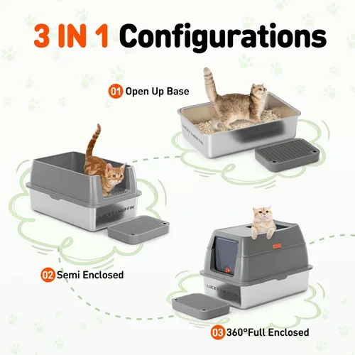 Miniatura 3 de Caja de arena para gatos de acero inoxidable 3 en 1 con tapa extraíble, caja de metal de alta cara extra grande cerrada para gatitos grandes