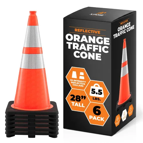 Xpose Safety Conos de tráfico naranjas de 28 pulgadas con collares de 6 y 4 pulgadas, paquete de 6, cono de seguridad de plástico PVC multiusos para