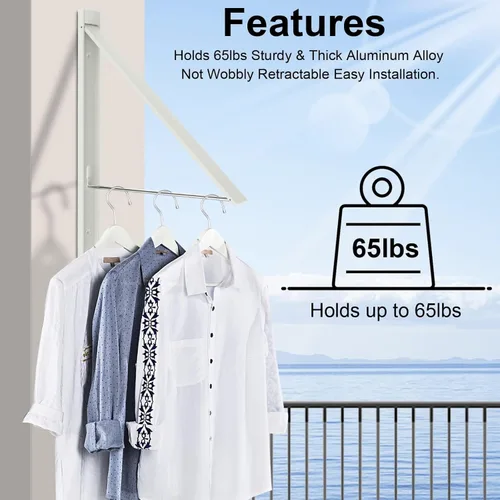 Miniatura 8 de Estante de secado montado en la pared, 65 libras, aluminio, sin taladro, color blanco Wall clothes drying rack folds flat to 0.39 inch. Holds 8-11