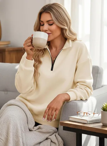 Miniatura 2 de BLENCOT Sudaderas acolchadas con media cremallera para mujer, cuello redondo, manga larga, sin botones, texturizadas, lisas, casuales, a la moda