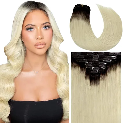 Miniatura 28 de Caliee Extensiones de cabello con pinzas de cabello humano 14 pulgadas Color 1 Negro azabache trama doble invisibles Extensiones de cabello humano