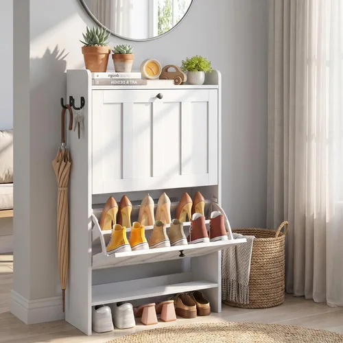 Miniatura 12 de Gizoon Gabinete para zapatos con almacenamiento abierto, gabinete para zapatos para entrada, estante estrecho independiente con 2 cajones abatibles