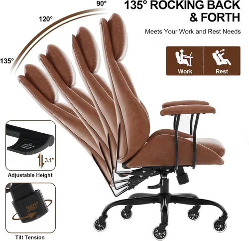 Miniatura 6 de E-Motie Silla de oficina, silla de escritorio de cuero con ruedas de goma, silla ergonómica para computadora de 500 libras con soporte lumbar, silla