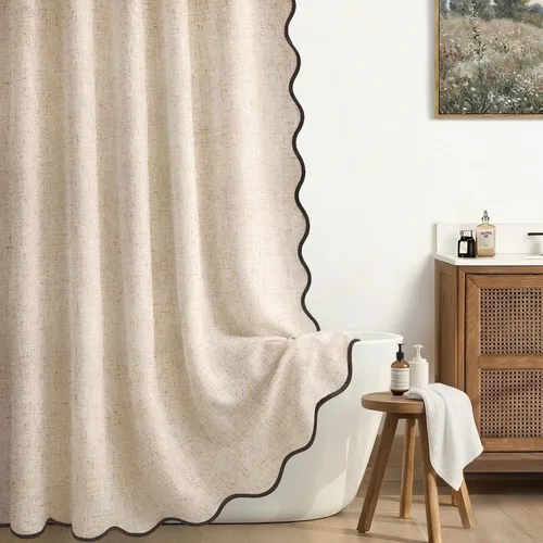 Cortinas de ducha extralargas de lino de 96 pulgadas, color beige, lindo negro, festoneado, bohemio, moderno, juego de cortinas de ducha para baño,