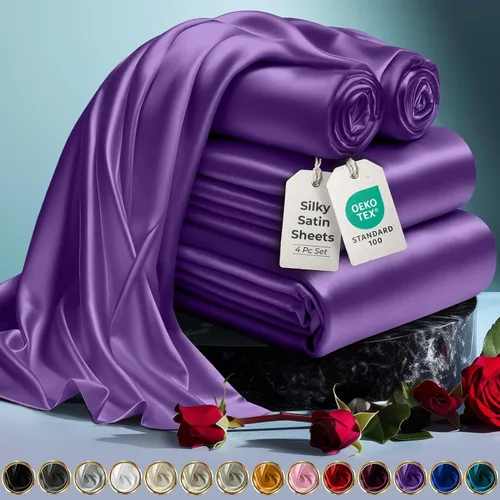Miniatura 71 de DECOLURE Sábanas de satén para cama - Juego de 6 piezas de ropa de cama de lujo sedosa tamaño King - Más suave que la seda, sin arrugas con sábana