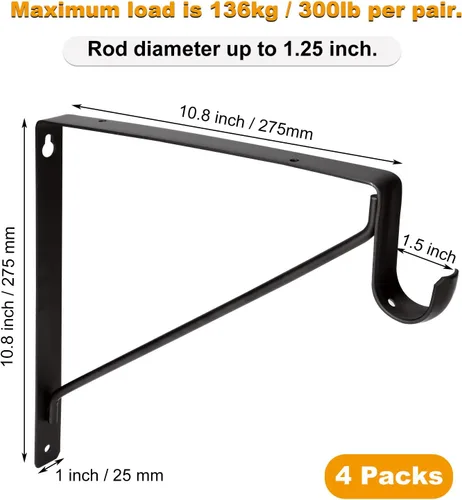 Miniatura 2 de Paquete de 4 soportes de barra de armario resistentes de 11 x 11 x 1 pulgadas, soporte de acero negro para colgar soportes de barra de ropa