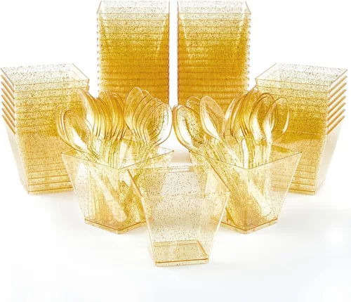 Miniatura 7 de Mini tazas de postre con purpurina dorada de 3.5 onzas con cucharas, paquete de 50 tazas de postre de plástico dorado para postres pequeños