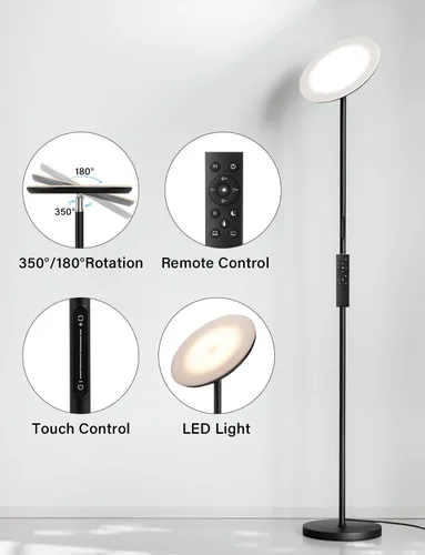 Miniatura 8 de Lámpara de pie LED moderna - Control remoto y táctil, lámpara de pie tipo antorcha de 40 W/2400 lm, completamente regulable, 3 temperaturas