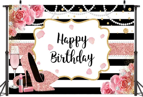 Miniatura 2 de Sensfun Cartel de fondo de feliz cumpleaños floral rosa de 7 x 5 pies para mujer, fondo de fotografía de tacón alto dorado rosa con purpurina