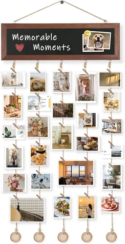 Expositor de fotos colgante con 30 clips y pizarra, marcos de fotos de madera rústica, collage para decoración de pared, dormitorio vintage,