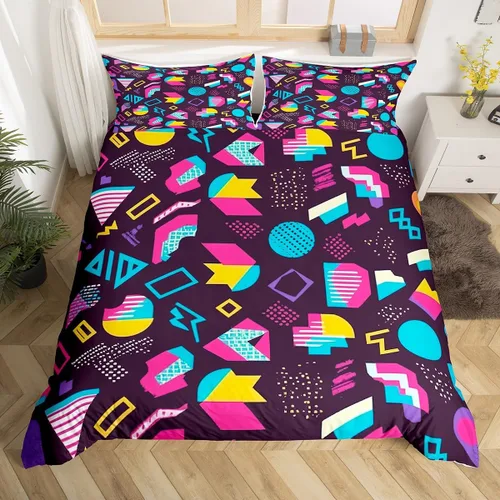 Miniatura 29 de Juego de funda de edredón retro de los años 80 y 90 para hombres y niños, tamaño matrimonial, con formas geométricas redondas triangulares, funda