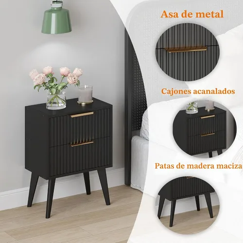 Miniatura 5 de YAUKOMEL Mesita de noche negra, mesita de noche moderna de mediados de siglo, mesita de noche acanalada con 2 cajones, mesa auxiliar con patas