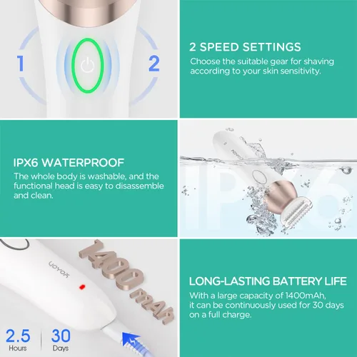 Miniatura 5 de VOYOR Maquinillas de afeitar eléctricas para mujer, recortadora de bikini 4 en 1, afeitadora de aluminio para mujer, 4 cabezales de repuesto