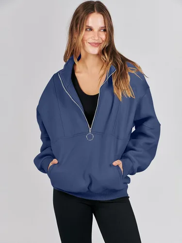 Miniatura 7 de ANRABESS Sudaderas de forro polar con media cremallera para mujer, de gran tamaño, con cremallera de un cuarto, ropa de otoño 2024, ropa de moda