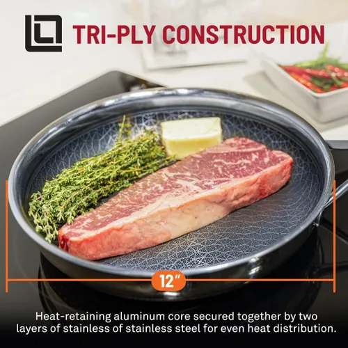Miniatura 8 de LIVWELL DiamondClad - Sartén híbrida de 12 pulgadas, regalo de cocina, juego de utensilios de cocina antiadherentes de acero inoxidable con tapas