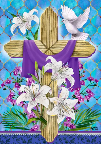 Miniatura 5 de Bandera religiosa para el hogar, con diseño de Pascua, con palomas, cruz y lirios, 28 x 40 pulgadas Amanecer de Pascua