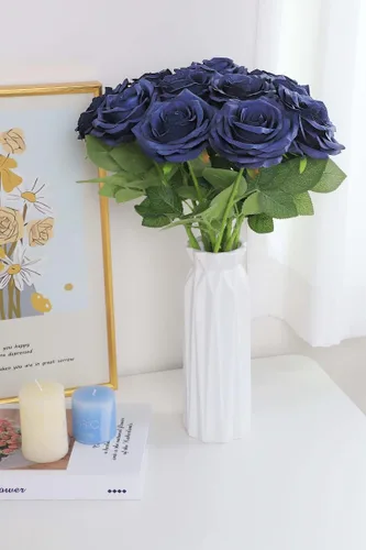 Miniatura 5 de LVEFIT Flores Artificiales de Rosa Azul Marino Flores Azul Marino Rosas Azul Marino Flores de Seda 12 piezas con Tallo Largo Ramo de Rosas de Seda