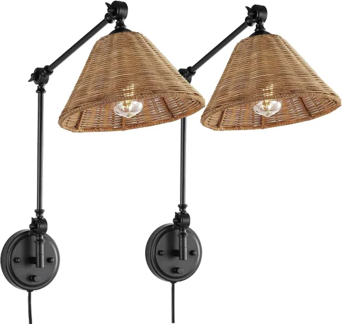 WINGBO Lámpara de pared envuelta en ratán, lámpara de pared ajustable con brazo oscilante, lámpara vintage de mesita de noche, de mimbre, hecha a